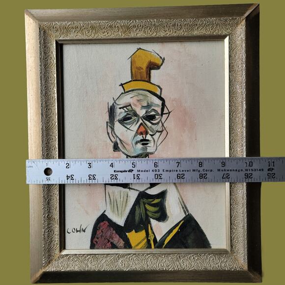 Vintage MCM 1962 Expressionist Clown with Tiny Gold Hat Portrait, Signed Cohn - Picture 6 of 6